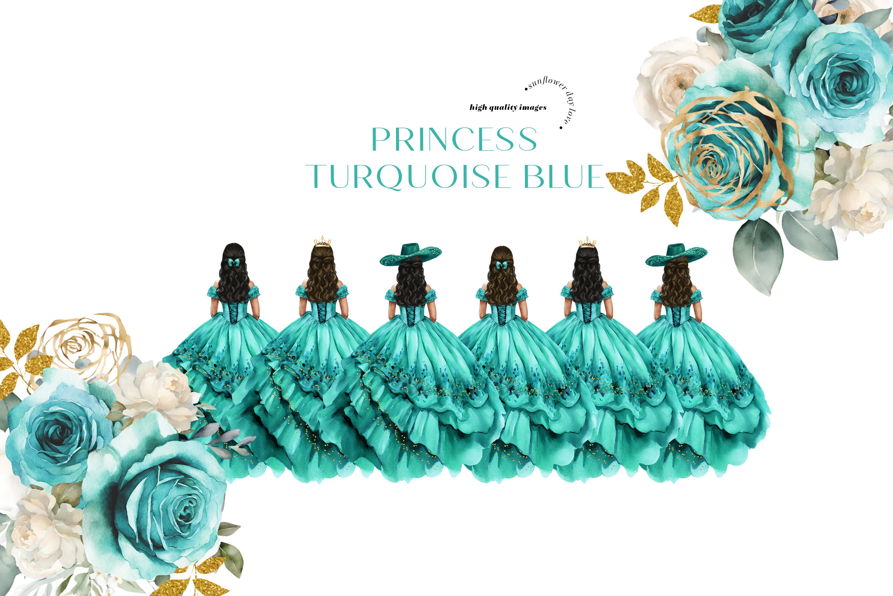Girl Turquoise Blue Princess Dresses Watercolor Gold Geometric Quinceaera  Clipart, Premade Mexican Charra Mis Quince Birthday Floral, CA155 - Etsy