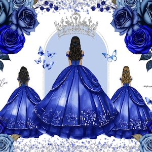 Puede incluir: Tres chicas con vestidos de gala azules se paran frente a un espejo con una corona encima. Las chicas tienen el pelo largo y castaño y llevan vestidos de gala azules con purpurina plateada. El fondo es blanco con rosas azules y mariposas.