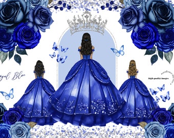 Clipart papillon robe de princesse bleu royal, fleurs bleu royal aquarelle Quinceañera argent couronne robe de mariée mexicaine Clipart, CA171