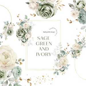 Aquarell Salbei Grün & Elfenbein Blumen Blumensträuße Geburtstag Clipart, Salbei Grün Blumenhochzeit Vorgefertigte Gold Geometrische Party Liefert Clipart