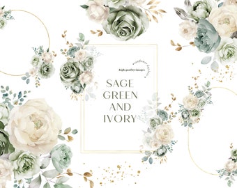 Watercolor Sage Green & Ivory Flowers Bouquets Birthday Clipart, Sage Green Floral Wedding Premade Gold Geometric Party Supplies Clipart