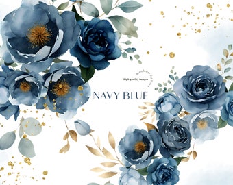 Watercolor Navy Blue Flowers Clipart, Blue Flowers Bouquets Clipart, Elegant Navy Blue Floral Wedding Premade Gold Geometric Frame Clipart