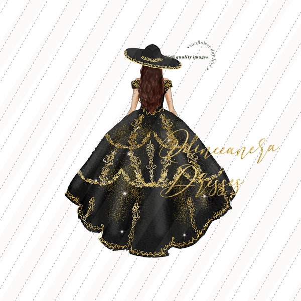 Elegant Black Princess watercolor clipart, Black & Gold Quinceañera Hat Wedding Dresses Mis quince Birthday Gold Crown Glitter Clipart CA155