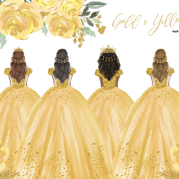 Vestidos de princesa dorados y amarillos Quinceañera, imágenes prediseñadas de acuarela de flores amarillas, imágenes prediseñadas elegantes de oro y amarillo, quinceañera dorada, CA158