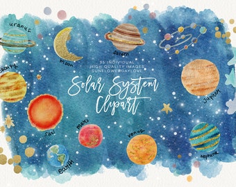 watercolor SOLAR SYSTEM clipart, Outer Space Clipart planets graphic space clipart scrapbook planet clip art, digital image digital download