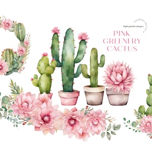 Clipart di fiori rosa di cactus ad acquerello, clipart floreale di cactus verde, clipart di eleganti bouquet di fiori rosa, clipart floreale di cactus per invito