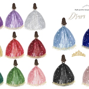 Colorful Princess Dresses Bundle watercolor Clipart, Red Blue Purple Gold Pink Quinceañera Birthday Mexican Dresses, Wedding Dresses, CA104