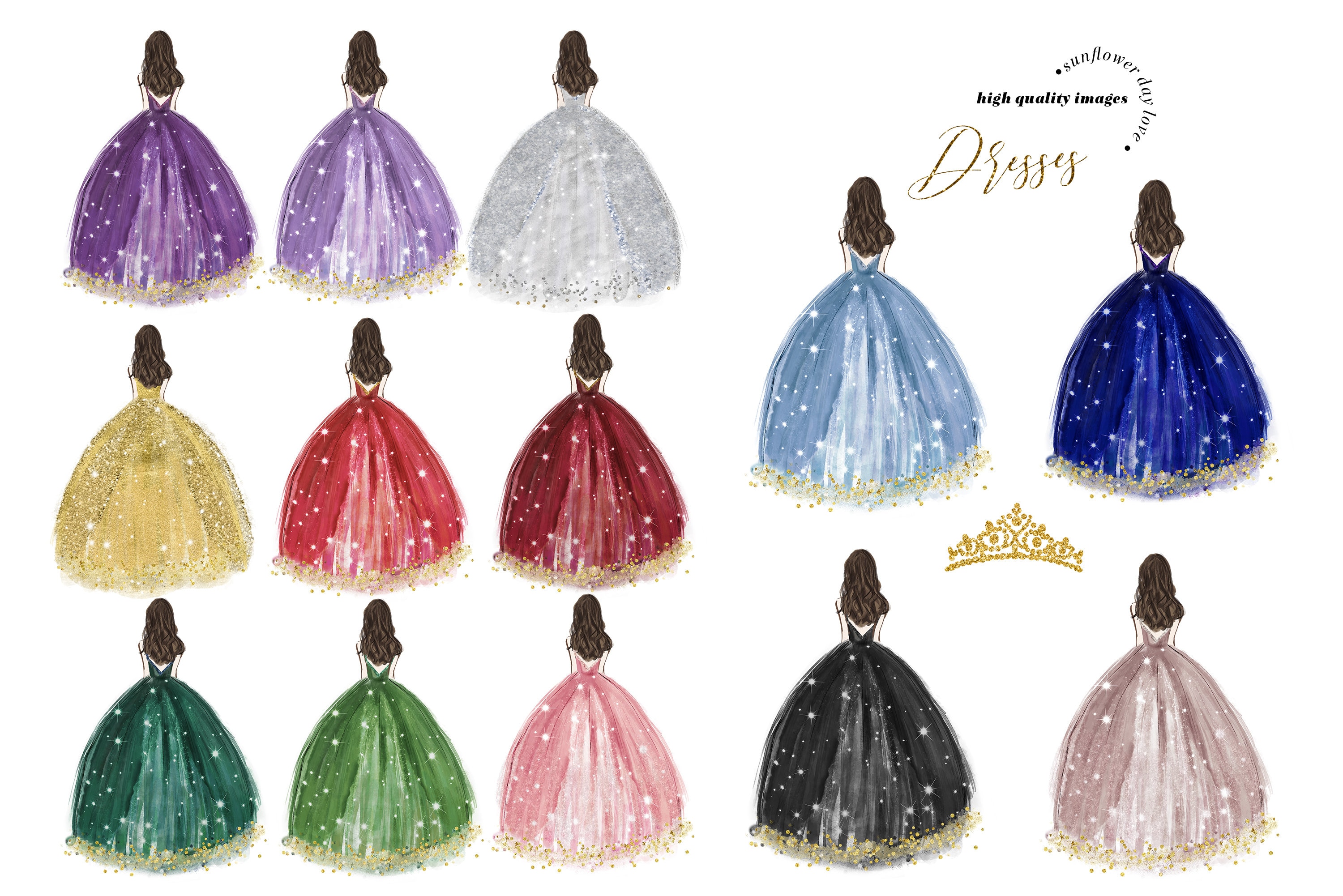 Colorful Princess Dresses Bundle Watercolor Clipart Red Blue