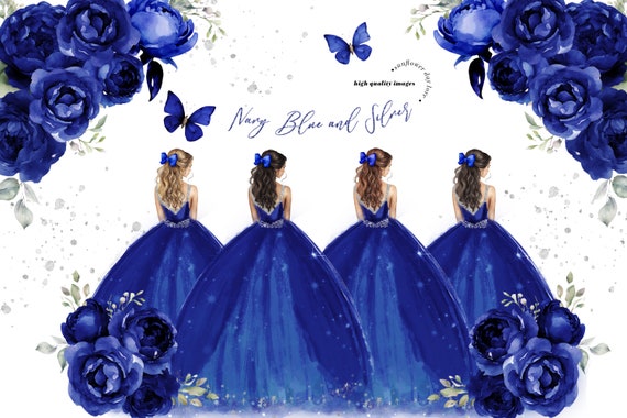 Navy Silver Princess Dresses Watercolor Clipart, Navy Blue Quinceañera  Floral, Butterfly Premade Mis Quince Birthday Gold Glitter CA190