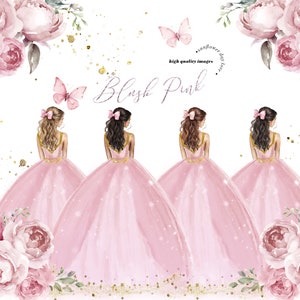 Elegantes Blush Rosa Prinzessin Kleider Quinceaño, Rosa Blumen Süßer 16. Geburtstag Aquarell Clipart, Vorgefertigte Mis Quince Goldmode, CA190