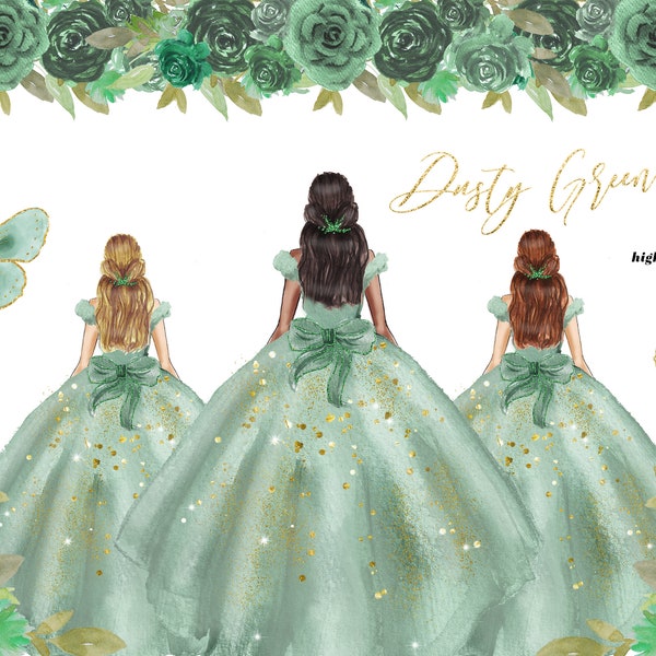 Dusty Green Princess Dress Clipart, Dusty Green Flowers Butterfly watercolor, Sage Green Quinceañera clipart, Mexican 15th Birthday, CA154