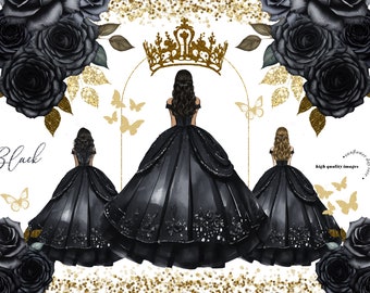 Elegant Princess Black Dress Butterfly Floral Clipart, Black Flowers watercolor Quinceañera Gold Crown Mexican Wedding Dress Clipart CA171