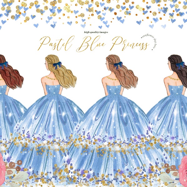 Pastel Blue Princess Dress Watercolor Clipart, Elegant Pastel Blue Flowers Wedding clipart, Geometric Gold Frame, Fiesta Mexican Quinceanera