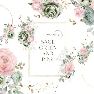 Bouquets de fleurs roses et sauge aquarelle anniversaire Clipart, mariage floral vert sauge premade géométrique or fournitures de fête Clipart