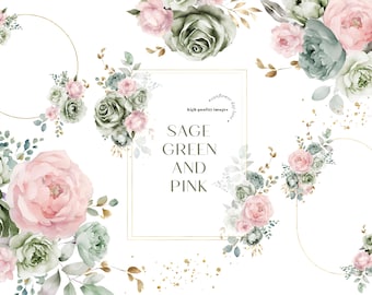 Watercolor Sage Green & Pink Flowers Bouquets Birthday Clipart, Sage Green Floral Wedding Premade Gold Geometric Party Supplies Clipart