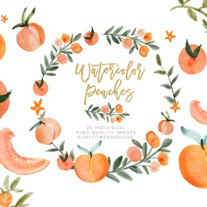 Watercolor Peach Clip Art, Peach leaves Clipart, Greenery Peaches Illustration, peach fruit clipart, peaches wreaths summer, Sweet Peaches