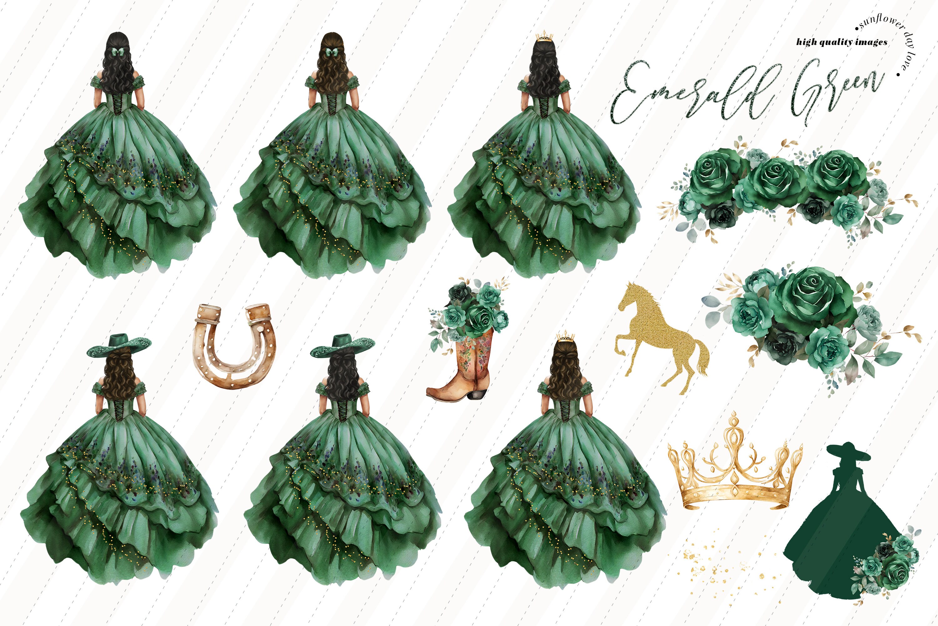 Emerald Green Princess Dress Clipart, Green Flowers Watercolor Hunter ...
