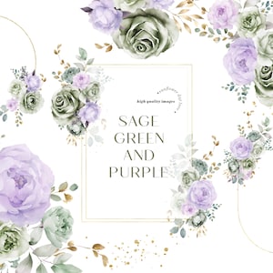 Clipart de cumpleaños con ramos de flores en acuarela verde salvia y morado, clipart de suministros para fiestas geométricos dorados prefabricados con flores verde salvia para bodas.