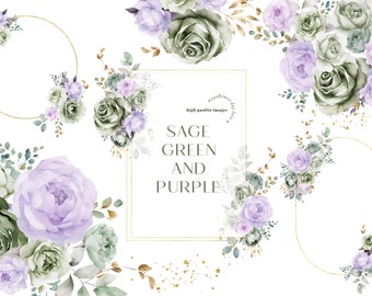 Watercolor Sage Green & Purple Flowers Bouquets Birthday Clipart, Sage Green Floral Wedding Premade Gold Geometric Party Supplies Clipart