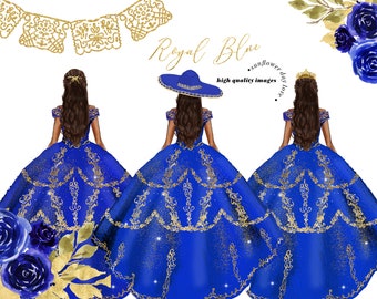 Royal Blue Princess Dresses watercolor Clipart, Royal Blue Quinceañera Mexican Flowers clipart, Elegant Royal Navy Mexican Dresses, CA155