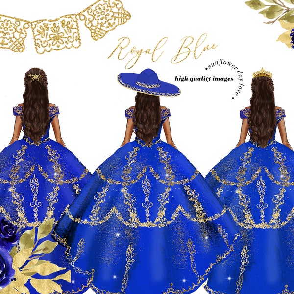Clipart aquarelle de robes de princesse bleu royal, clipart fleurs mexicaines de Quinceañera bleu Royal, robes mexicaines élégantes de la marine royale, CA155