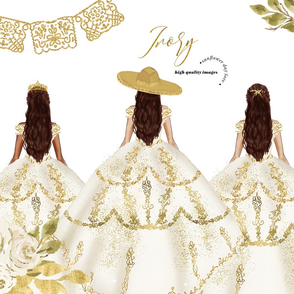 Ivory White Gold Princess Dresses watercolor Clipart, Ivory White Gold Quinceañera Mexican Flowers clipart, Ivory White Gold Mexican, CA155