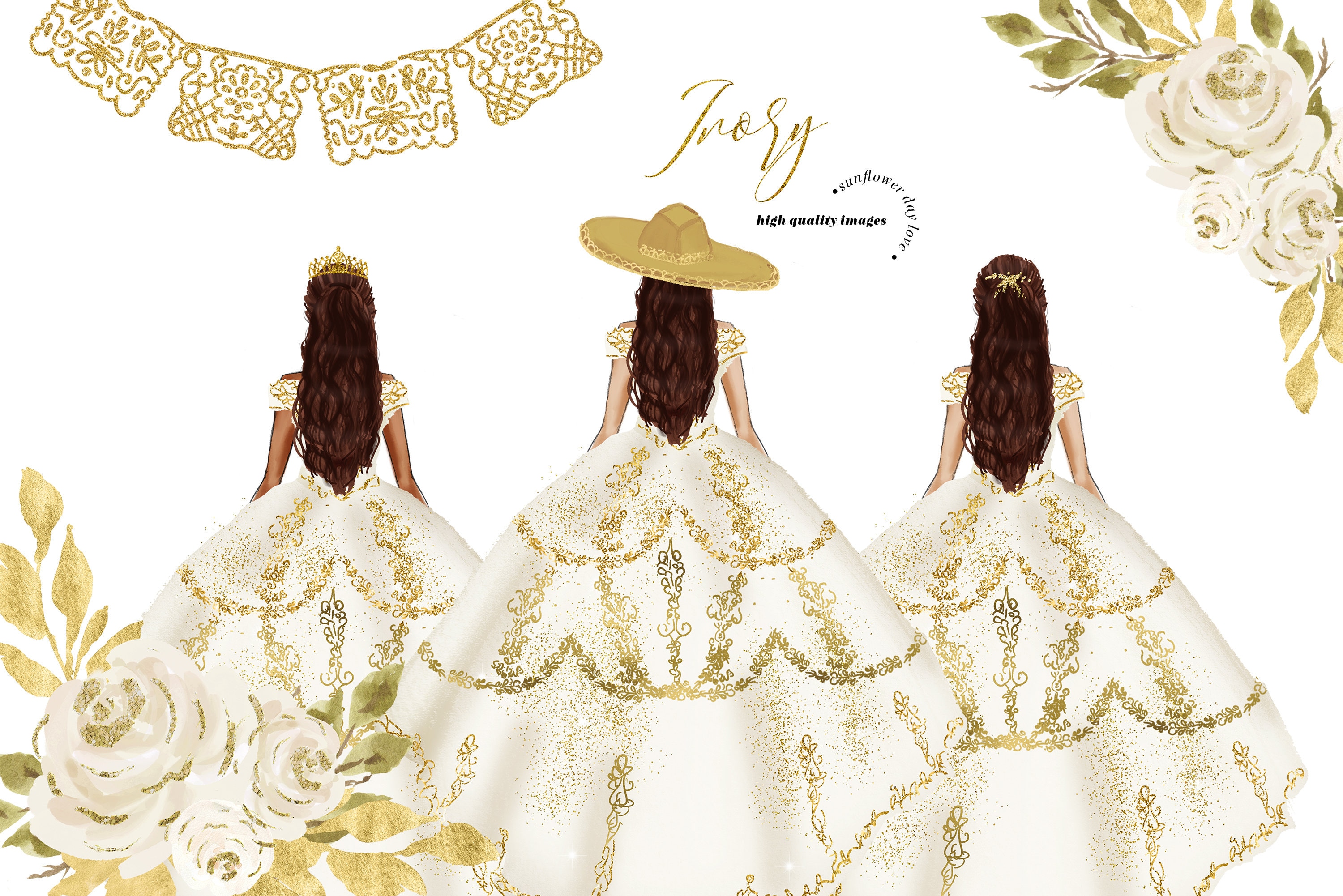 Ivory White Gold Princess Dresses watercolor Clipart, Ivory White Gold Quinceañera Mexican Flowers clipart, Ivory White Gold Mexican, CA155