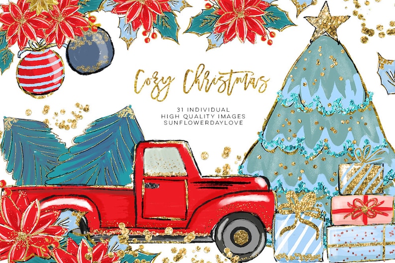 hand drawn clip art christmas red truck clip art christmas ornament clipart christmas illustration Cozy Christmas Illustration Clipart