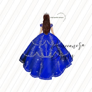 Elegant Royal Blue Princess watercolor clipart, Royal Blue Quinceañera Wedding Dresses Mis quince Birthday Silver Crown clipart, CA155