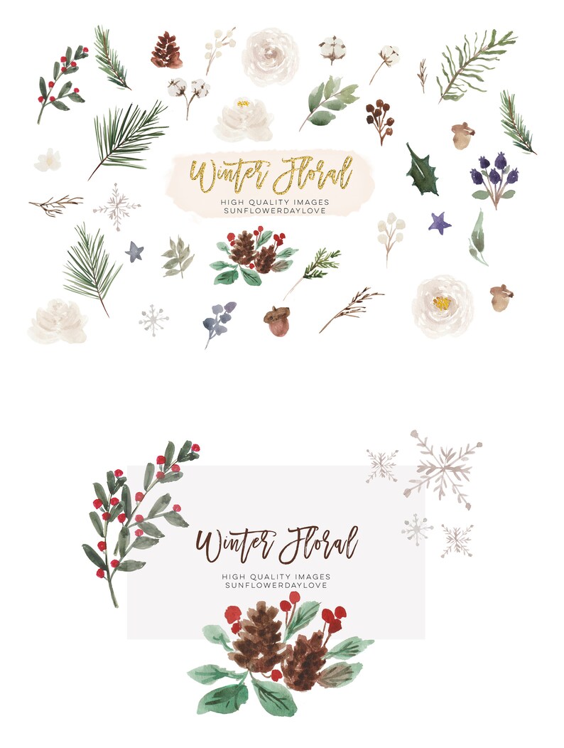 Watercolor Christmas Floral Clipart Winter Floral Clipart - Etsy