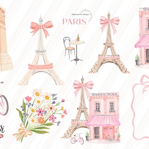 Clipart elegante e carina di Parigi, Clipart di un romantico caffè parigino, Clipart acquerello rosa della Torre Eiffel, Turismo francese estetico d'epoca, CA209