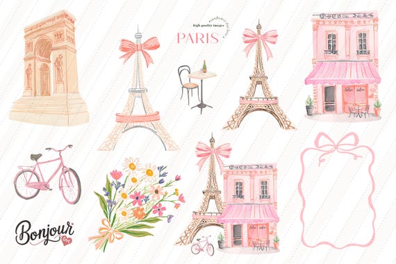 Elegant Cute Paris Clipart, Romantic Parisian Cafe Clipart, Pink Eiffel Tower Watercolor Clipart, Aesthetic French Tourism Vintage, CA209