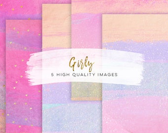 Girly Paper pack, Hand drawn watercolor paper, Digital Fashion Papers, confetti glitter modern paper, pink paper graduation paper DIY invite