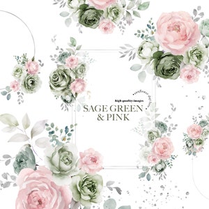 Bouquets de fleurs roses et sauge aquarelle anniversaire Clipart, mariage floral vert sauge premade argent géométrique articles de fête Clipart