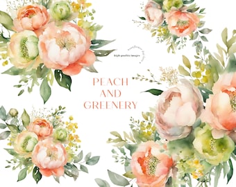 Watercolor Peach Greenery Flowers Bouquets Birthday Clipart, Elegant Peach Floral Wedding Premade Gold Geometric Party Supplies Clipart