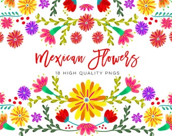 Può includere: Un'illustrazione digitale di 18 fiori messicani colorati, tra cui rosso, giallo, rosa, viola e verde. I fiori sono disposti in un design a bordo con il testo "Fiori messicani 18 PNG di alta qualità" al centro.