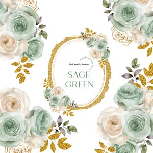 Puede incluir: Una ilustración digital de rosas verde salvia y blancas con detalles de purpurina dorada. El texto "Sage Green" está en un marco ovalado dorado.