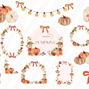 May include: Watercolor illustrations of pumpkins, bows, and floral arrangements in shades of orange, cream, and brown. Includes pumpkin wreaths, individual pumpkins, and a string of lights. The word "PUMPKINS" is in the center.