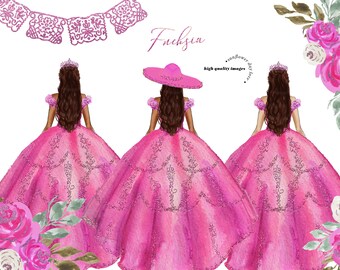 Princess Silver Pink Fuchsia Dress Butterfly Floral Clipart, Pink Fuchsia Flowers watercolor Quinceañera Crown Mexican Wedding Clipart CA155