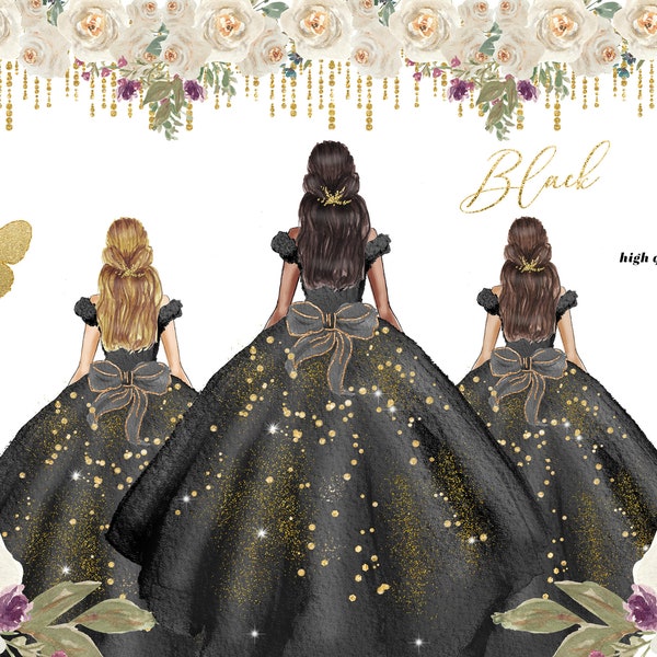 Elegant Black and Gold Glitter Princess Clipart, Gold Flowers clipart, Quinceañera Fashion Clipart, Black Wedding Dresses Butterfly, CA154
