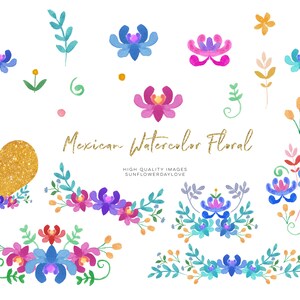 Blue Mexican Watercolor Floral Clipart, Flowers Fiesta Clip Art, Cinco ...