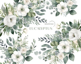 Watercolor Eucalyptus Flowers Bouquets Birthday Clipart, Elegant Eucalyptus Greenery White Floral Wedding Premade Party Supplies Clipart