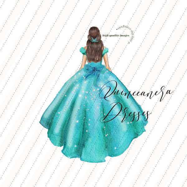 Aqua & Teal Princess Dresses watercolor Clipart, Butterfly Quinceanera Aqua and Teal Blue Flowers clipart, Mexican Wedding Dresses, CA154