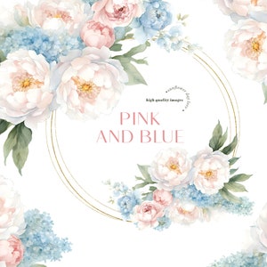Aquarell Blau und Rosa Blumen Clipart, Baby Blau & Rosa Blush Blumensträuße Clipart, Blumenhochzeit Vorgefertigte Geometrische Goldrahmen