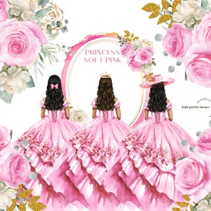 Rosa Mädchen Prinzessin Kleider Quinceamaßa Gold Blumen Aquarell Clipart, Rosa Charra Mis Quince Keile Mode Vorgefertigte Geburtstag Clipart CA155