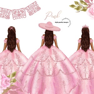 Elegante Rose Gold Prinzessin Kleider Quinceaňera Rosa Blumen Aquarell Clipart, Rosa Schmetterling Clipart, Mis quince 15 Keile Mode, CA155