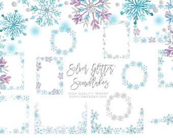 Snowflake Borders Winter snowflakes, Watercolor Silver snow dust clipart, Silver snowflakes clipart, White Snowflake Overlays PNG format
