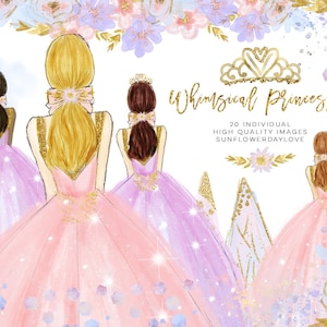 Pink Gold princess clip art, fashion clipart, Quinceañera Clipart, whimsical Sweet Sixteen Clipart, pastel Princess Gown, Watercolor Clipart