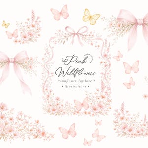 May include: Watercolor illustrations featuring pink wildflowers, butterflies, and bows. The text reads "Pink Wildflowers" with additional text below. The design elements include floral arrangements, butterflies, and ribbons.