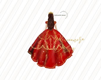 Red Princess watercolor Dress Mexican Quineanera clipart, Elegant Red Beautiful Wedding Dresses Mis quince Birthday Gold Glitter, CA155